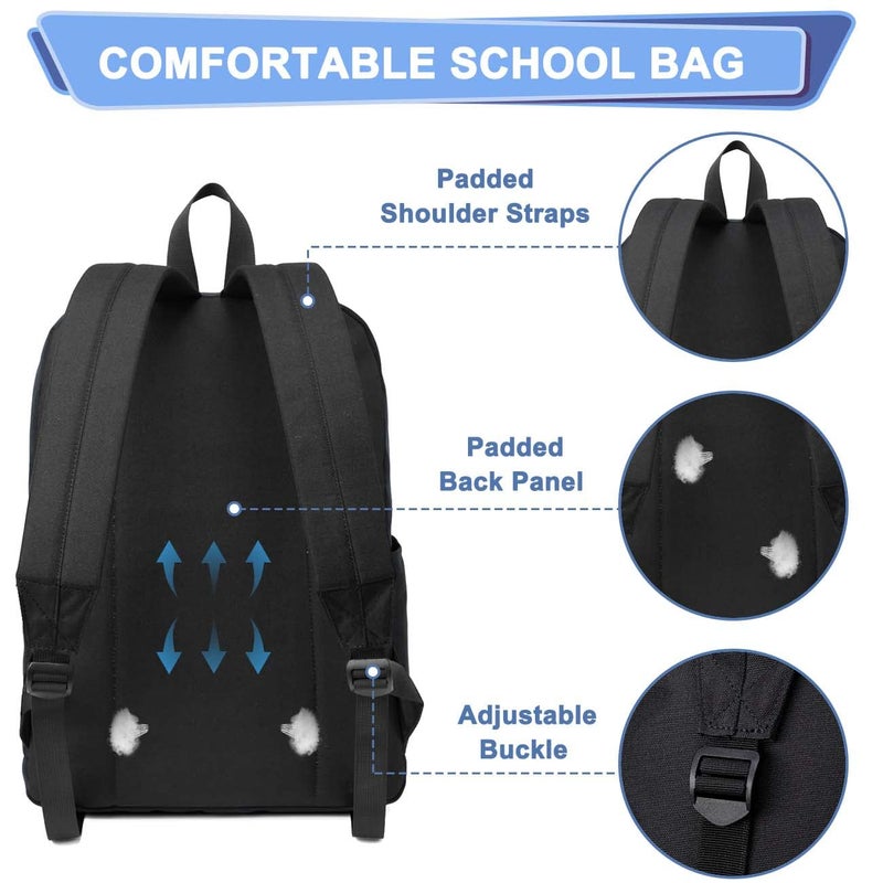 Kasqo Lightweight School Backpack, 17.3L Water-Resistant Casual College Bookbag for Men Women Teen Girls Boys, Black - Image 3